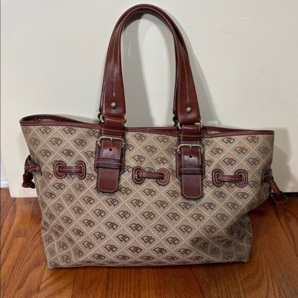 Vintage Dooney & Bourke Monogram Chiara Tote Bag Purse Brown - Picture 1 of 16